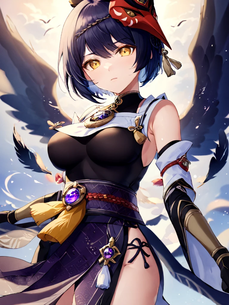 ultra-detailed,(best quality),((masterpiece)),(highres),original,extremely, (\jiu tiao\), 1girl, kujou sara, solo, breasts, bird mask, yellow eyes, mask, gloves, mask on head, short hair, looking at viewer, sash, vision \(genshin impact\), detached sleeves, black gloves, wings, japanese clothes,  bangs, tassel, black hair, bodysuit, wide sleeves,  black bodysuit, black wings, swept bangs,