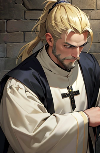 masterpiece, Medieval Background, old, ((Facial hairを剃る)) ((Realistic)), Waist, 1 person, alone, male, strong, ((mature male)), ((blonde)), ((Short Ponytail)), Upright posture, Detailed blue eyes, Medieval costume)), ((priest)) ((Face of determination)), ((Facial hair)), ((Cleric Outfit))