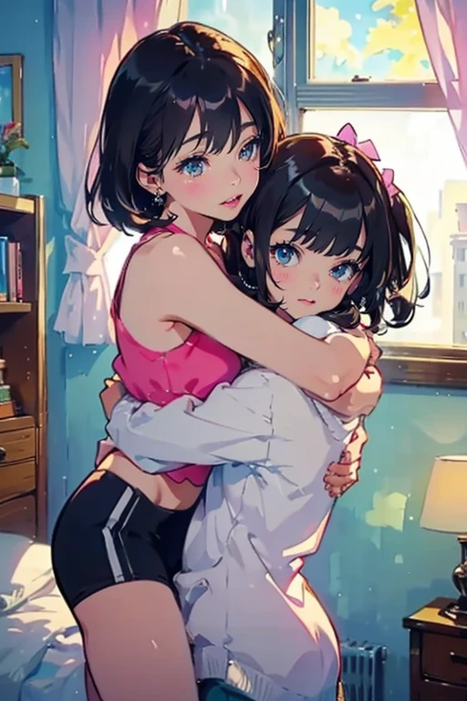 2girl,girls,cute,cleavage,under wear,in bedroom,hug,backhug