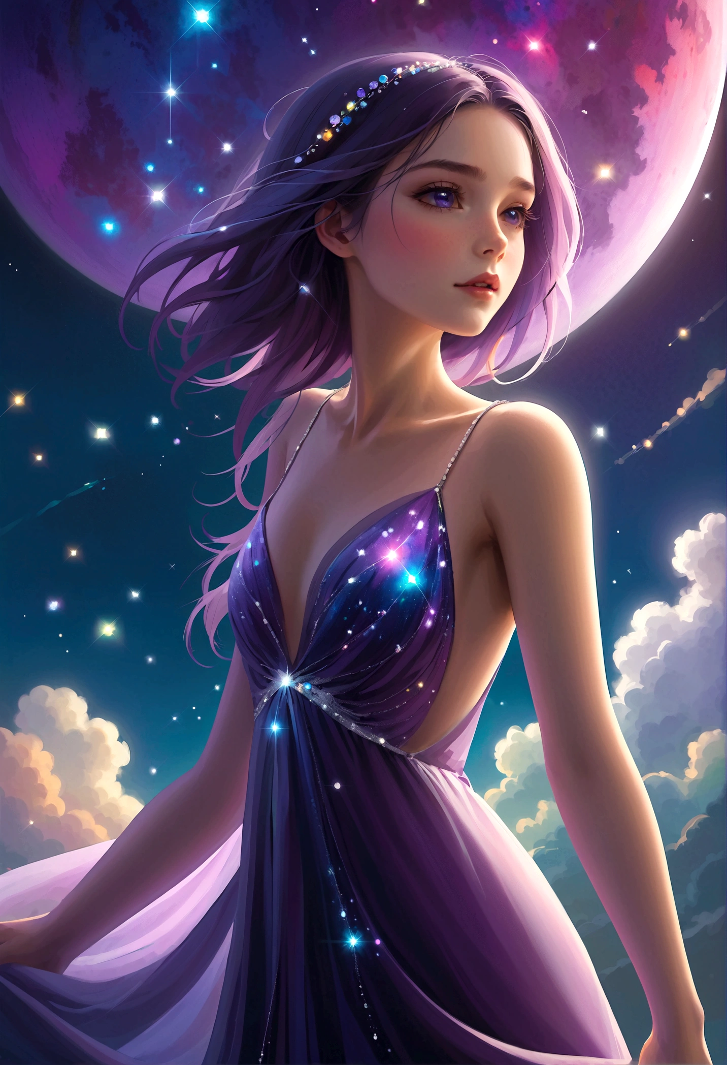 masterpiece, e girl, Break, Purple evening dress, High detail face, whole body, glare, Rainbow Colors, Global Illumination, Soft Light, Light of Dreams, number, 8K Close-up, fantasy, Night Sky, Star, nebula, White crystal, moonlight, peaceful, summer, (8K:1.1)