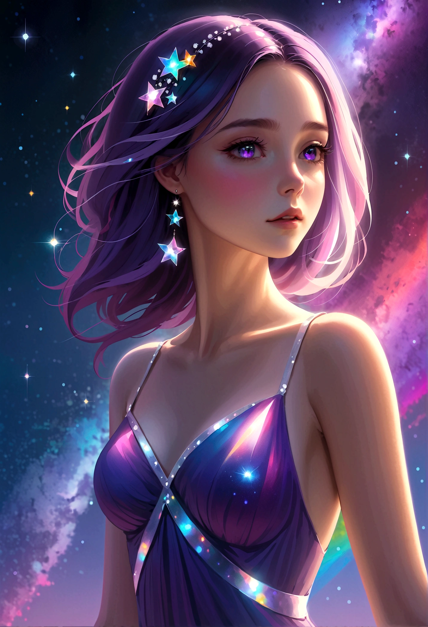 masterpiece, e girl, Break, Purple evening dress, High detail face, whole body, glare, Rainbow Colors, Global Illumination, Soft Light, Light of Dreams, number, 8K Close-up, fantasy, Night Sky, Star, nebula, White crystal, moonlight, peaceful, summer, (8K:1.1)