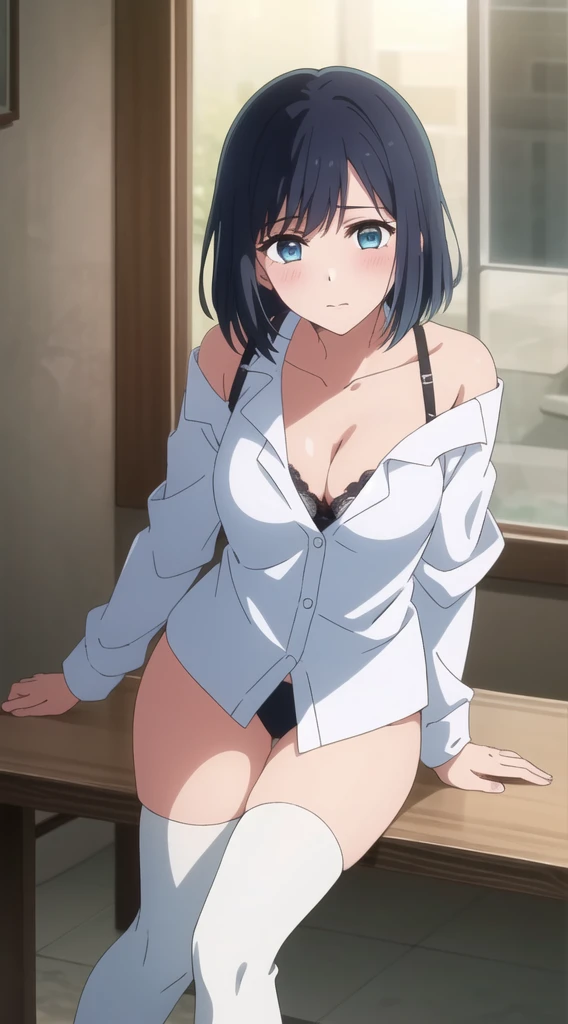 Akane Kurokawa,black hair, blue eyes, , 1 girl, detail hair ,alone, ,(open white shirt:1.4),,bare shoulder, , white lace bra, cleavage,thighhighs,,      
beautiful Finger,beautiful long legs,Beautiful body,beautiful character design, perfect eyes, Perfect face,expressive eyes, looking at the viewer, Appear on knees,sexy pose,in the center of the image, official art,High Definition CG Unity, Perfect lit, bright_front_face_lit, (table top:1.0),(Highest_quality:1.0),4k,Super detailed, photograph, 8K, nffsw, High resolution, absurd:1.2, kodak portrait 400, film grain, Lens flare, (lively_color:1.2) (beautiful,medium breasts:1.4), (beautiful_face:1.3),(narrow_waist), blush