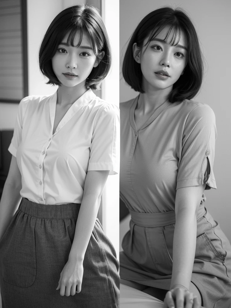 Browsing Caution, ((Highest quality)), ((8k)), ((masterpiece:1.3)), (Perfect look), (Photorealism:1.6), (Walking woman), (買い物をするJapanese women), (A shopping mall with many visitors), Clear Background, (grayscale: 1.6), Japanese women, 47 years old, ((Realistic skin texture)), (Fine wrinkles appear all over the skin: 1.3), (Dullness: 1.1), (Unmoisturized skin: 1.2) , (Facial wrinkles: 0.9), (Wrinkles around the eyes: 1.2), double eyelid, Lower eyelid tear trough, (Crying Mole: 0.9), The eyes are looking here, Serious look, (Dimples: 1.2), Red lips, (Short bangs: 1.2), short hair, Long hair with curled ends, (Hair over the ears), Laugh with the corners of your mouth turned up, Soft fabric blouse, A blouse with a large front, Her breasts are completely visible, Long skirt, barefoot, Small breasts, (Only the woman's lips are colored: 1.6), (bright Red lips: 1.6), (whole body: 1.4), Angle from the feet: 1.4,