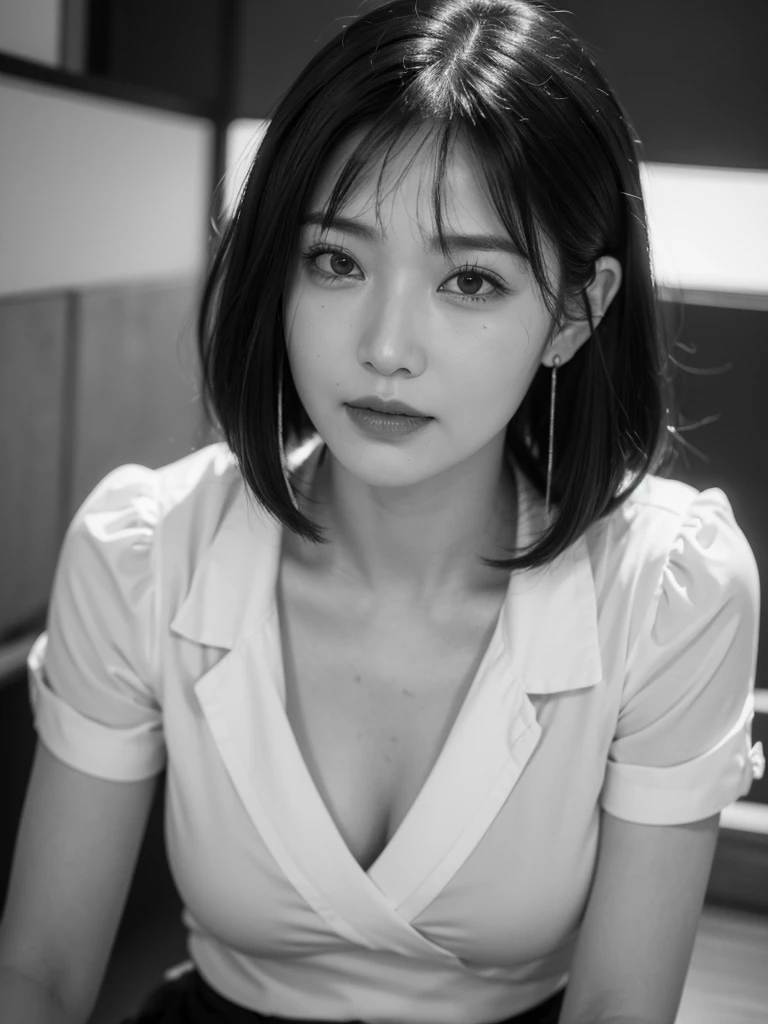 Browsing Caution, ((Highest quality)), ((8k)), ((masterpiece:1.3)), (Perfect look), (Photorealism:1.6), (Walking woman), (買い物をするJapanese women), (A shopping mall with many visitors), Clear Background, (grayscale: 1.6), Japanese women, 47 years old, ((Realistic skin texture)), (Fine wrinkles appear all over the skin: 1.3), (Dullness: 1.1), (Unmoisturized skin: 1.2) , (Facial wrinkles: 0.9), (Wrinkles around the eyes: 1.2), double eyelid, Lower eyelid tear trough, (Crying Mole: 0.9), The eyes are looking here, Serious look, (Dimples: 1.2), Red lips, (Short bangs: 1.2), short hair, Long hair with curled ends, (Hair over the ears), Laugh with the corners of your mouth turned up, Soft fabric blouse, A blouse with a large front, Her breasts are completely visible, Long skirt, barefoot, Small breasts, (Only the woman&#39;s lips are colored: 1.6), (bright Red lips: 1.6), (whole body: 1.4), Angle from the feet: 1.4,