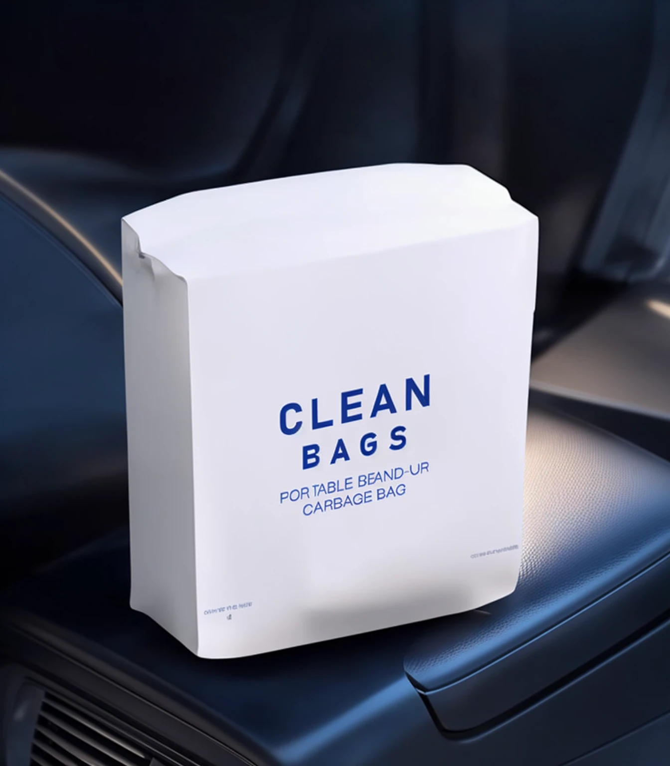 A white bag is placed on the back of a car, Clean, Clean and neat, Clean design, Clean image, Clean details, Cleanest image, clear Clean, Bag, Clean environment, urine collection bag, Clean 3 d render, Clean concept art, crisp Clean shapes, Clean edges, Clean aesthetic, Clean style, Clean streets, Clean and pristine design