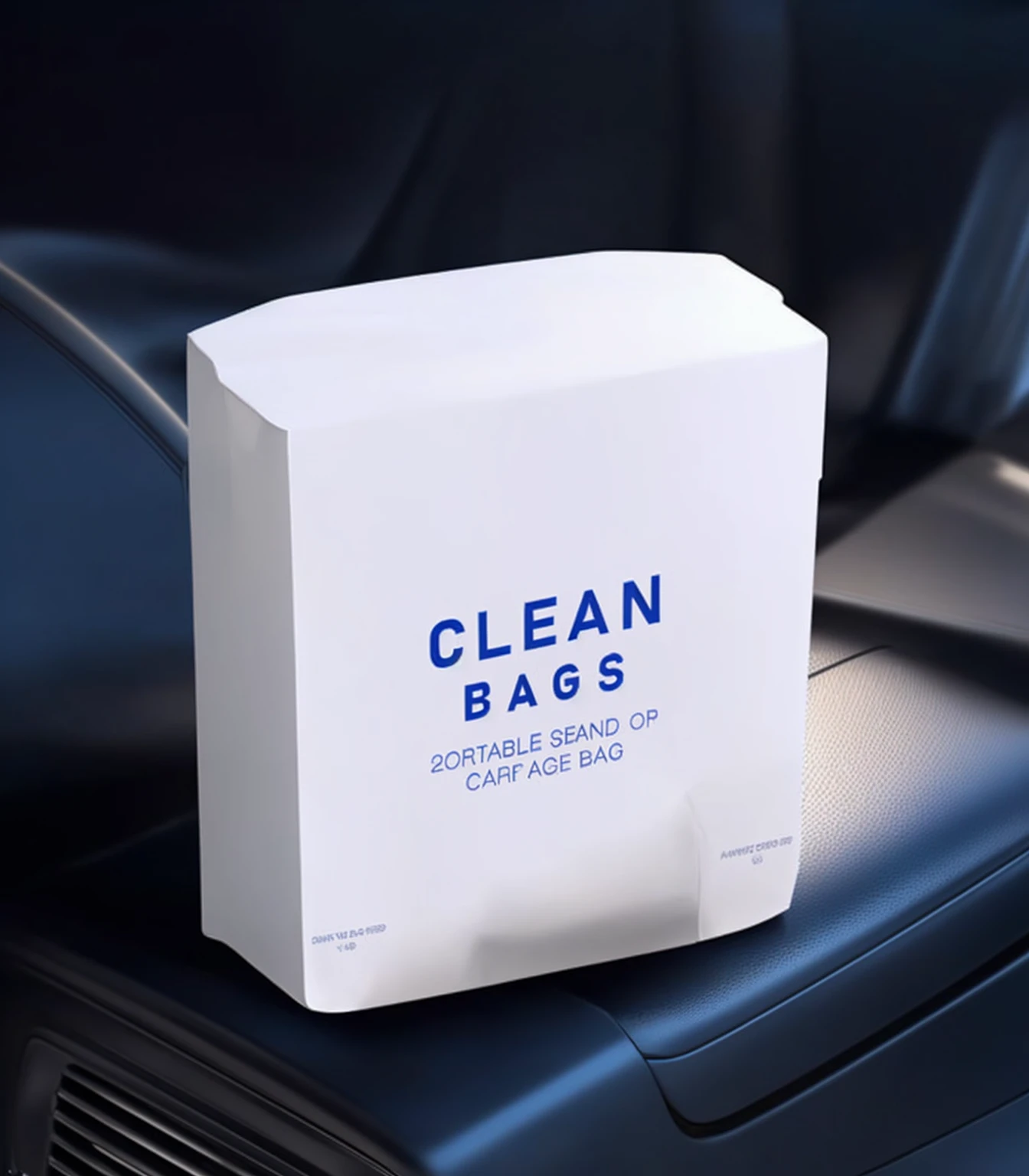 A white bag is placed on the back of a car, Clean, Clean and neat, Clean design, Clean image, Clean details, Cleanest image, clear Clean, Bag, Clean environment, urine collection bag, Clean 3 d render, Clean concept art, crisp Clean shapes, Clean edges, Clean aesthetic, Clean style, Clean streets, Clean and pristine design