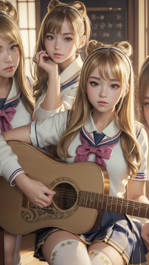 (Highest quality, masterpiece:1.5), (Super detailed, Realistic:1.37),4K,(girl:1.5),Japanese,cute,beautiful,(school uniform:1.3),(skirt),(Knee-high socks:1.2),(Gold Shorthair),I&#39;m playing the guitar,smile,listen to music