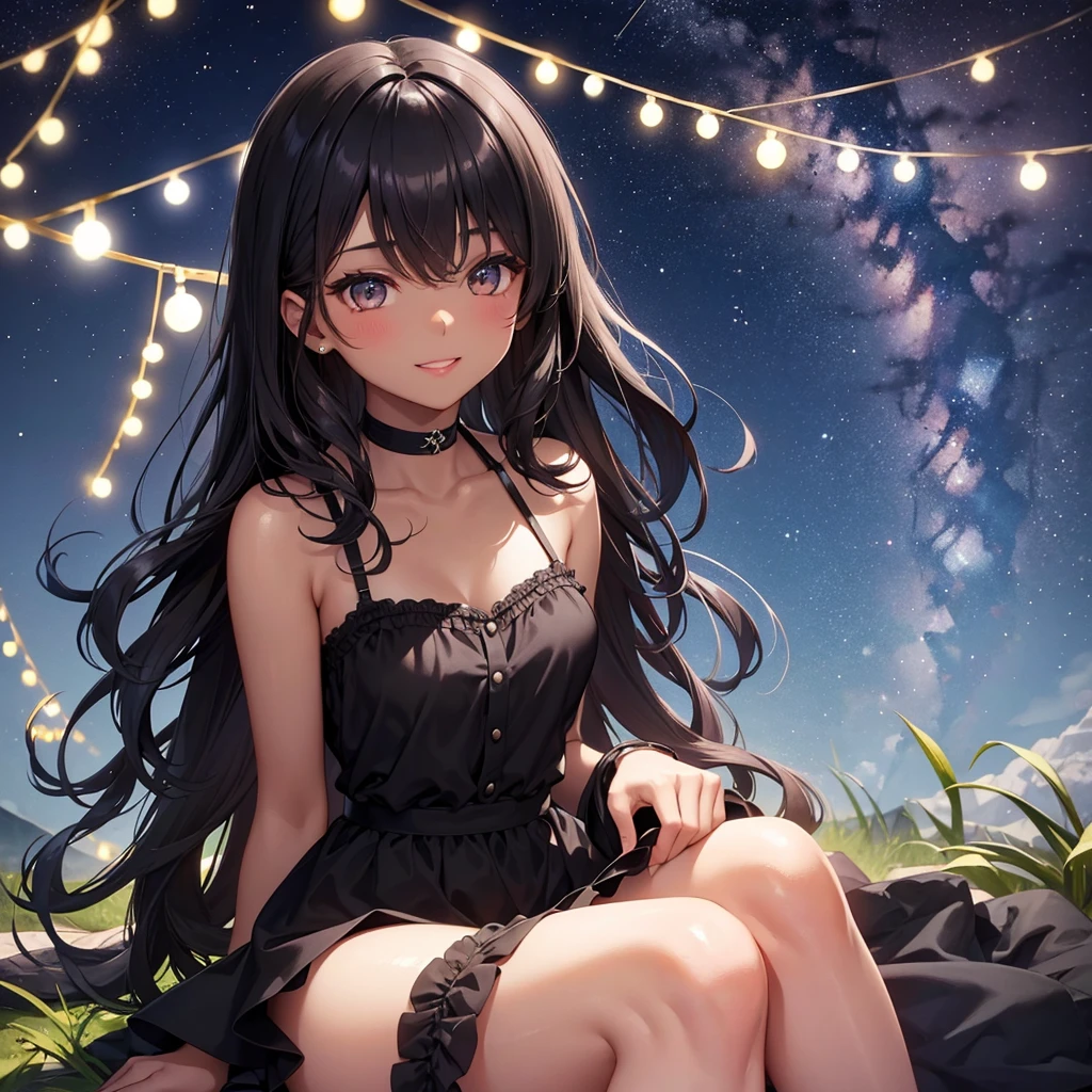 Girl with dark skin and dark hair thats wavy sitting down under the stars smiling with a black dress on