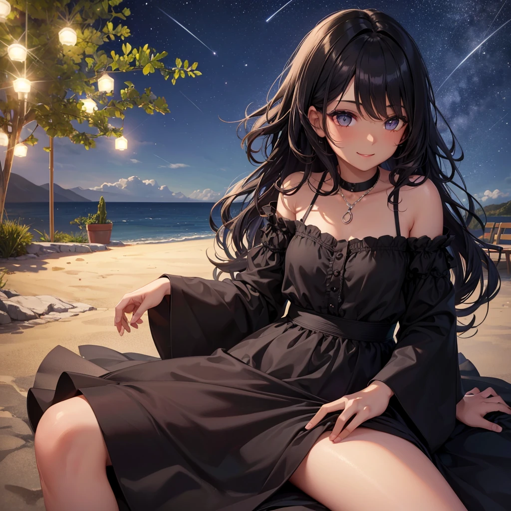 Girl with dark skin and dark hair thats wavy  sitting down  under the stars smiling with a black dress on 