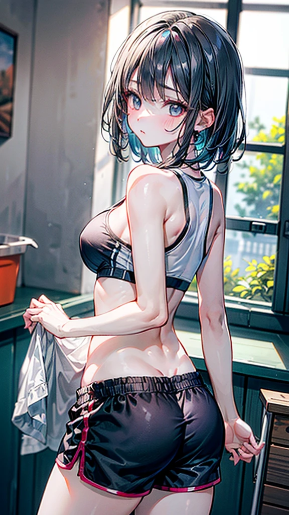 (Best quality, 8k, 32k, Masterpiece, UHD,:1.2), RAW, human, 1girl,ultra cute , ultra cute, natural lighting, transparent shining eyes, 20yo, medium breast ,femur, fair complexion , flushed face, (gray dolphin shorts), at room, (gray sports bra), near windows,, shiny, From Behind