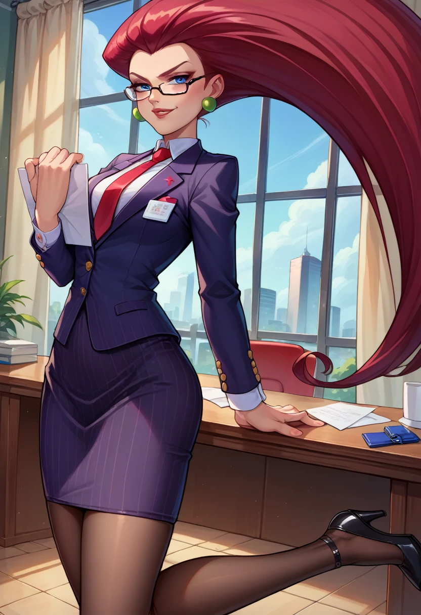 score_9,score_8_up,score_7_up,score_6_up, source_anime, 1girl, solo, (((EPpkJessie))), long hair, blue eyes, glasses, red hair, hair slicked back, pinstripe skirt suit, suit and tie, (((three-piece suit))), silk dress shirt, shirt and tie, necktie, ((blazer)), ((suit jacket)) ((waistcoat)), ((bodycon miniskirt)), stockings, high heels, tie clip, pocket square, tailored suit, (((cufflinks))),
office, holding clipboard, smug, confident, arrogant