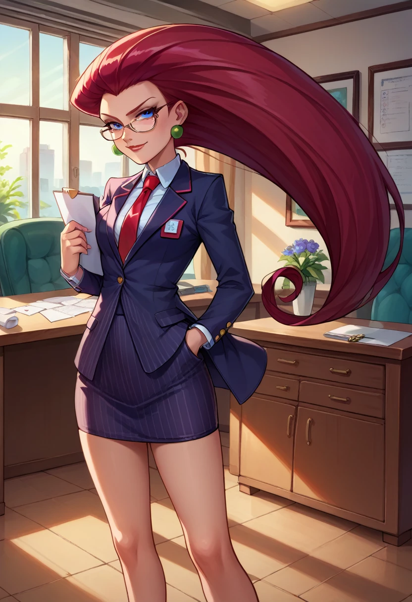 score_9,score_8_up,score_7_up,score_6_up, source_anime, 1girl, solo, (((EPpkJessie))), long hair, blue eyes, glasses, red hair, hair slicked back, pinstripe skirt suit, suit and tie, (((three-piece suit))), silk dress shirt, shirt and tie, necktie, ((blazer)), ((suit jacket)) ((waistcoat)), ((bodycon miniskirt)), stockings, high heels, tie clip, pocket square, tailored suit, (((cufflinks))),
office, holding clipboard, smug, confident, arrogant