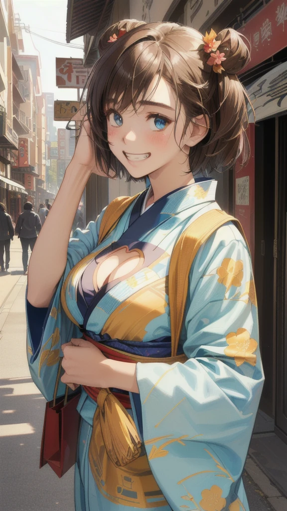(perfect anatomy:1.2)(absurdres, highres, ultra detailed),masterpiece,best quality,high resolution,8k,Realistic face,Realistic skin texture,magnified textures, stunning clarity,detailed anime girl,(ultra detailed eyes and face),(14 years old:1.2),(baby face:1.2),japanese girl,floral printed blue yukata,、(very short hair, two side up:1.4)、tareme,light brown hair:1.2,kanzashi、glamor、short stature、(grin:1.4)、(bust up:1.4),Steampunk in the Edo Period、(Vivid hieroglyph signs and street advertisements:1.2)、busy、(worried:1.4),autumn、hieroglyph,souk、Shopping Street、Ancient Egyptian statues,reaching out,(tanned skin:1.3 ),big breasts,look up viewer,round face,Shoulder Bare,(from front:1.2),(cleavage cutout:1.4),