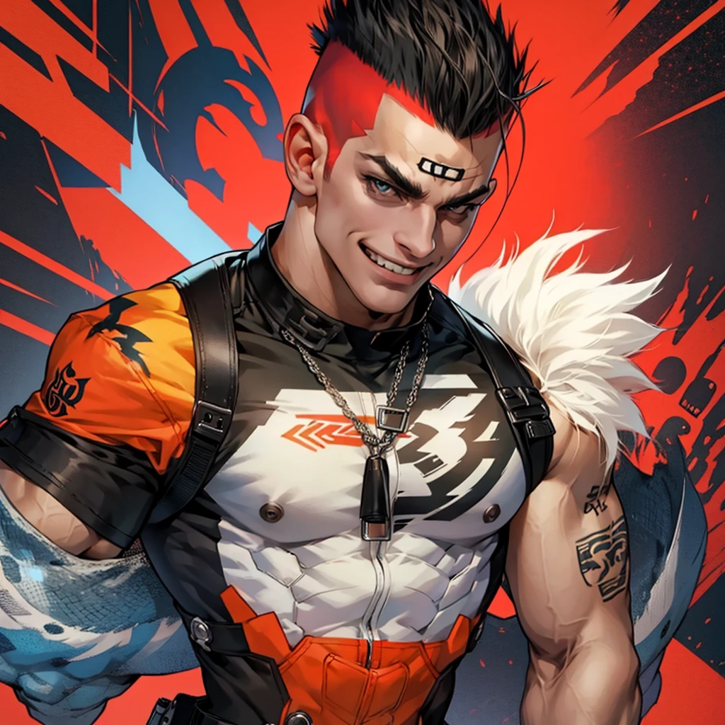 Muscular punk Man , grinning staring at viewer, cocky mohawk, dynamic pose