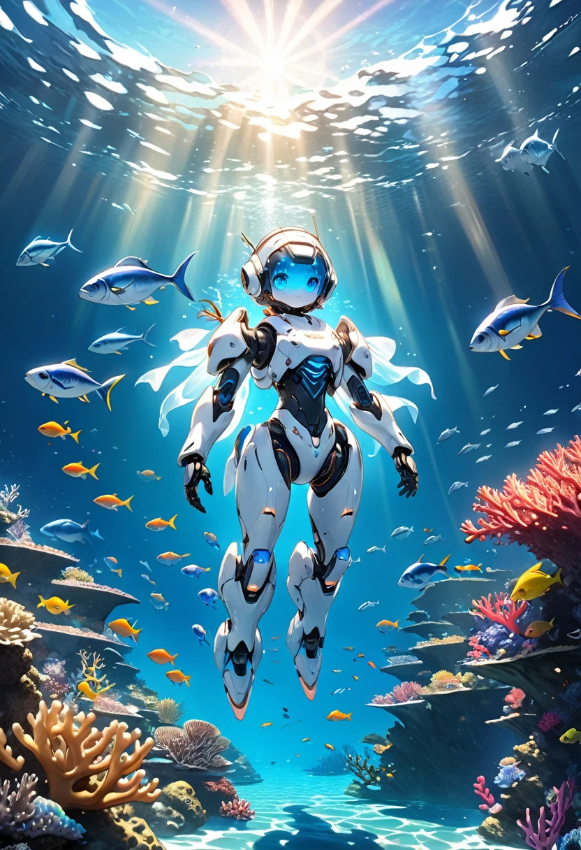 Fantasy CG art with a sea theme , a cute white robot Swimming and strolling in the beautiful sea, the robot is humanoid, small and cute, and emits blue neon light from its body.There are many fish and coral reefs in the sea,Beautiful light of the sun spilling over the water surface.cowboy shot,(High quality, high precision images, 4k, 8k,:1.2)ultra detail