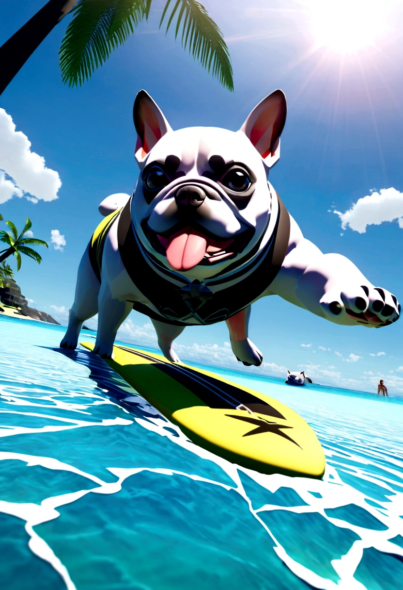 （Highest quality，4K，8k，High resolution，）A private beach in Hawaii at noon、Infinity symbol，3D Model，Colorful colors，Landscape Background、pop、From the central viewer&#39;Perspective、Midsummer style fashion、On a surfboard、Towards the beach、A light grey French bulldog surfing、Multiple French Bulldog Bike Buddies。Very delicate