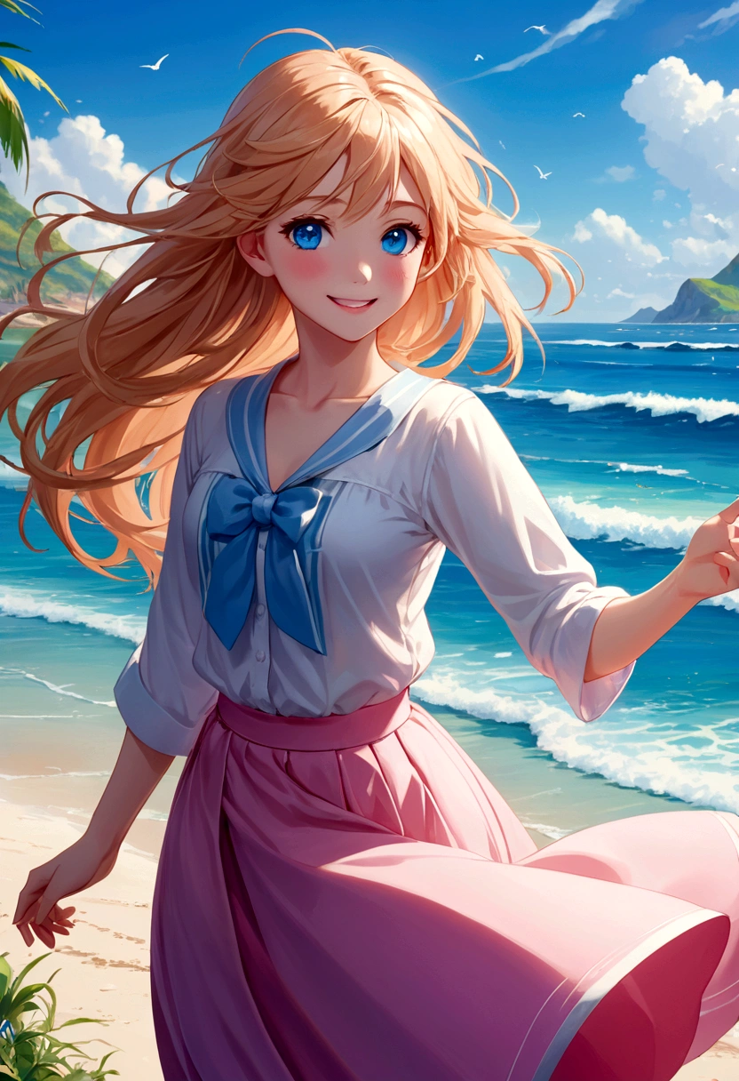 Exquisite and beautiful CG artwork),(best quality, Extremely detailed, high resolution),(Dynamic angle, Dynamic Lighting),(1 character),(Long Pink and Blonde Hair), blue eyes, Pretty Face), 1 girl, (Long sideburns, plant, Smile, Blue long skirt, 3 days, ocean, water, Beach Ball, shell, Sunlight, windy