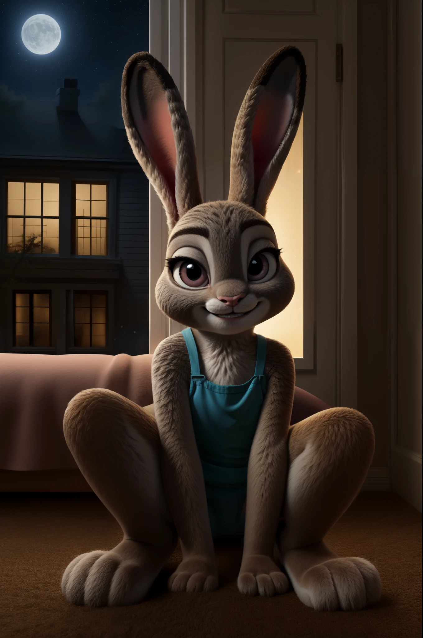 judy hopps, female, young, POV , crouch, at home, toddler girl on the background, watching tv, hands between legs, looking at the viewer, smirk, night, someone peeping behind window, crouch, spread legs