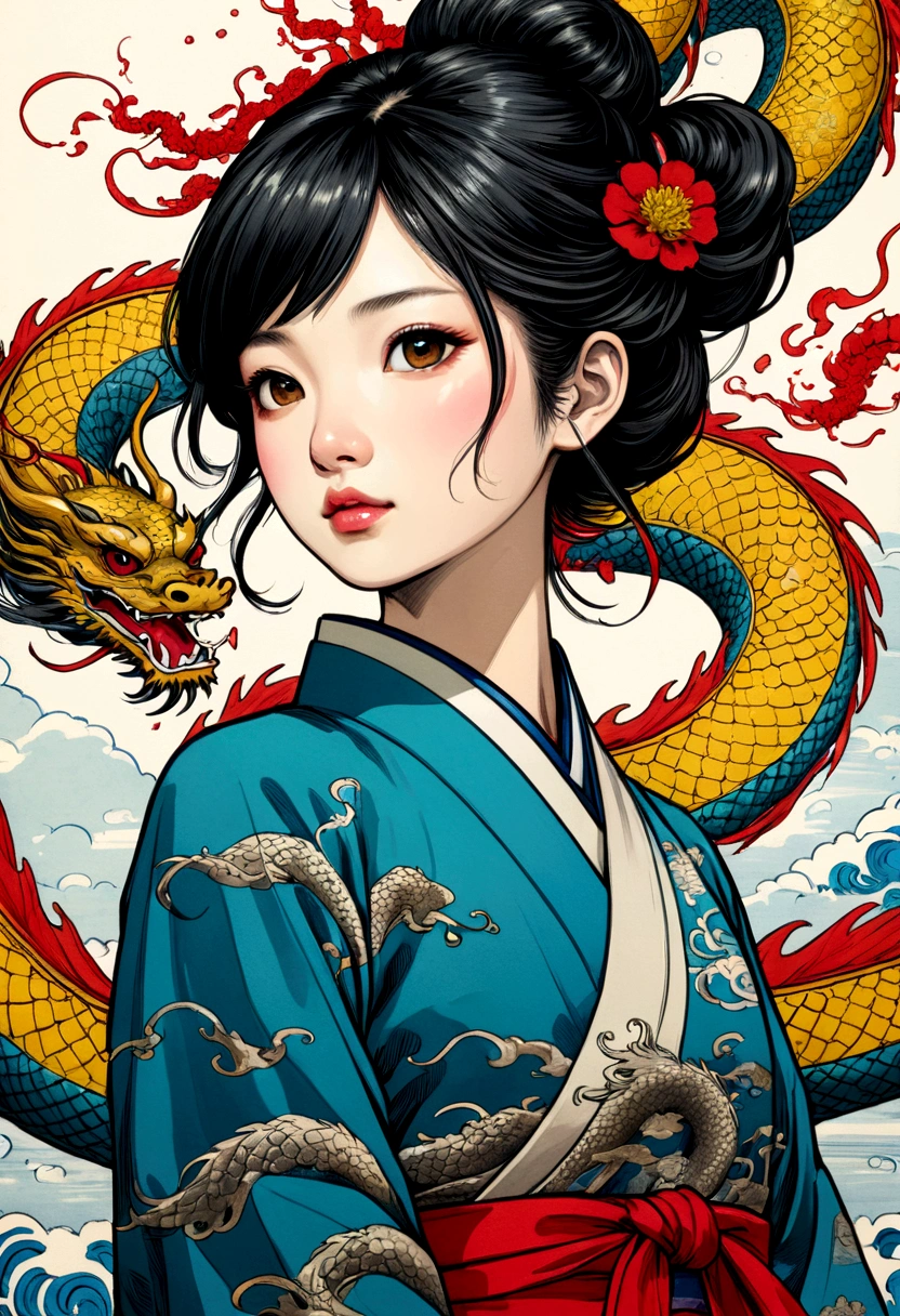 {{{{{illustration}}}}},author:Yuko Shimizu,1 Girl,Chinese dragon,Chinese Girl,female focus on, {{Color ink painting}},{{Ink splash}},{{Splash of Color}},{{{rich and colorful}}},{{sketch}}, masterpiece,best quality, Beautifully painted,Very detailed,