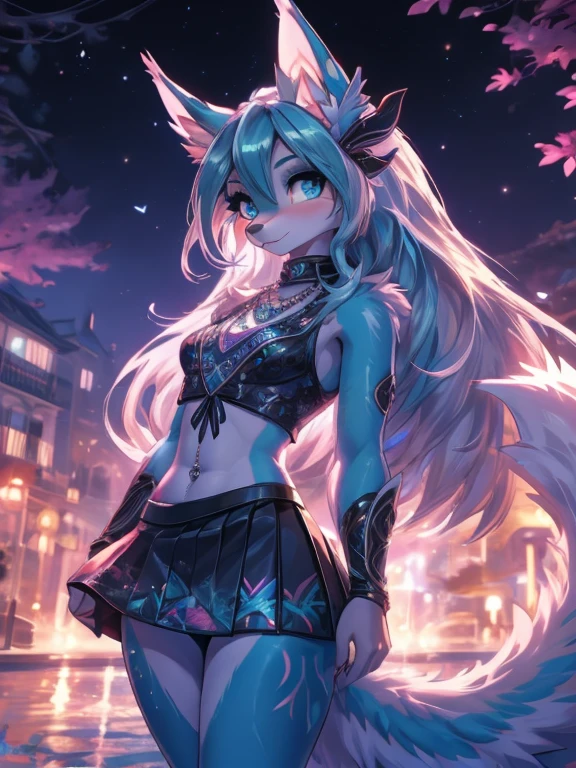 Chica anime,tennage girl 18 years old, anime style, cute hatsune miku x suicune, shy girl , Orejas de Kitsune, arte de dark natasha, city landscape, arte de vixen aztra, cuerpo completo, patas hermosas, cintura delgada, caderas amplias, navel white blouse, white&pink skirt, navel piercing, ear piercing, navel tattoo, atrevid pose, back pose, fluffly tail, sensual eyes (la mejor definicion) long hair, black flash, city party, city night life, party girl, idol girl, girl with microphone singing, deep blue eyes (HD), white&pink dress, super mega star idol, aura pura, silueta de luz, silueta radiante de luz dorada, su cuerpo brilla, best lighting in photography, mermaid mini skirt, lovely girl, sending kiss, heartlove