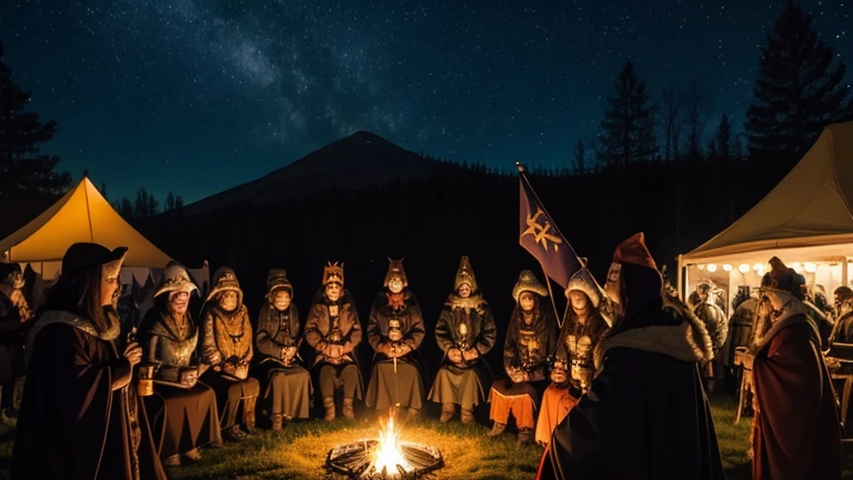 Solstice Festival, Samhain, many people celebrating in animal and spirit masks, various medieval costumes, Bonfires, Flashlights, deep night, starry sky, joyful atmosphere