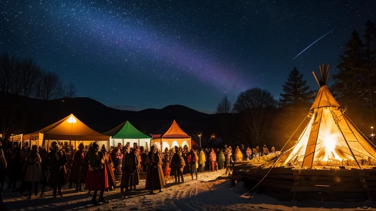 Solstice Festival, Samhain, many people celebrating in animal and spirit masks, various medieval costumes, Bonfires, Flashlights, deep night, starry sky, joyful atmosphere 
