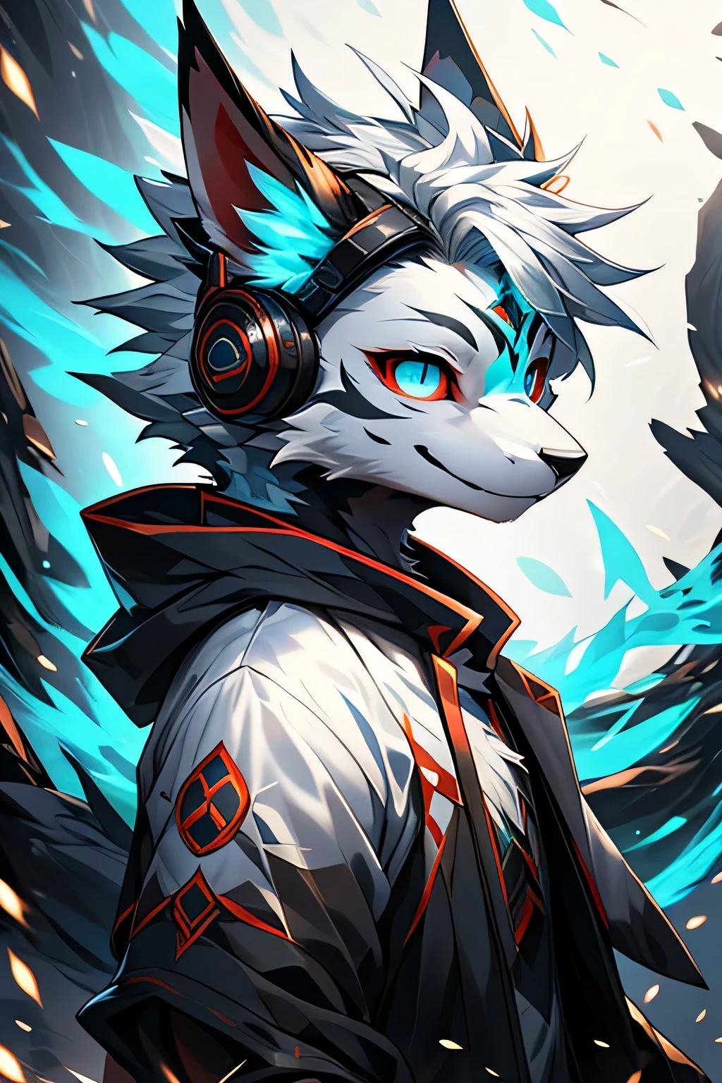 (detailed), fluffy, Solo, Meticulous and realistic, delicate eyes, ( The pupil of the Eye of the Blood Wheel), (( Black and red eyes)), Excellent quality, high detail, detailed fur, ((The tail is in the right position) ，He wears a pair of small white briefs， stand，Flirting，White devil,180cm,Holding a blue ball, Onmyoji, Onmyoji detailed art, Onmyoji portrait, White-haired deity, keqing from Genshin Impact impact, Genshin Impact, From Arknights, zhongli from Genshin Impact impact, heise jinyao, by Shitao, dragon, author：Yang Jie, yun lingoung werewolf, white fur, wearing a black jacket with neon details, sporting a cybernetic mask, with gamer headphones, profile picture, Close-up on the facehigh quality, digital art, drawing, HD 4k fotorealistisch, ((clear structural details)), Meticulous and realistic, Detailed eyes, (Turquoise blue pupils), ((Silvery-white glowing eyes)), Evil smile, Smile, slenderness, soft, 4K, Excellent quality, high detal, Detailed fur, ((The tail is in the right place) ，Light blue shirt。