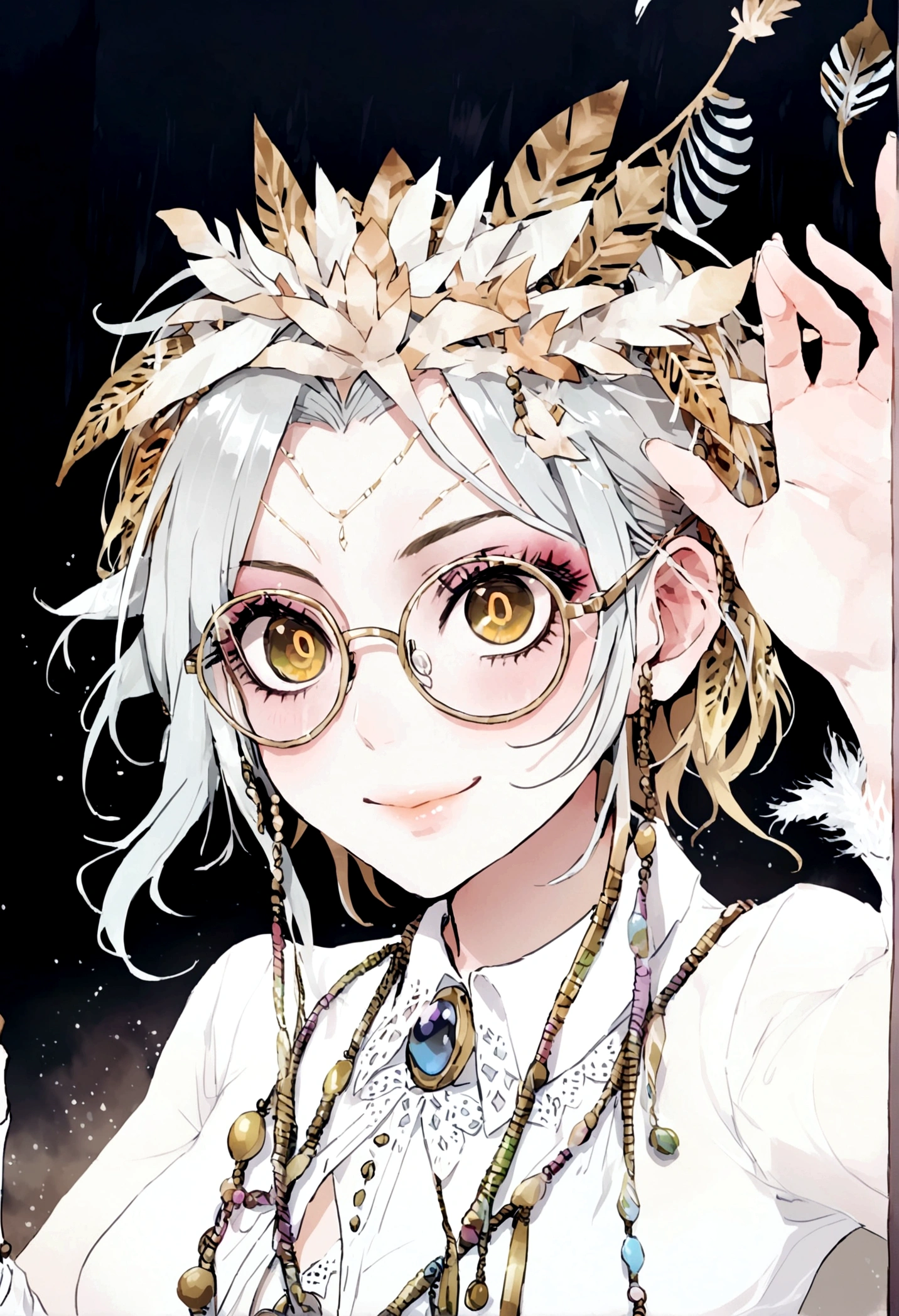 Chemical's,in a lab,round glasses,smile,feathers in hair,