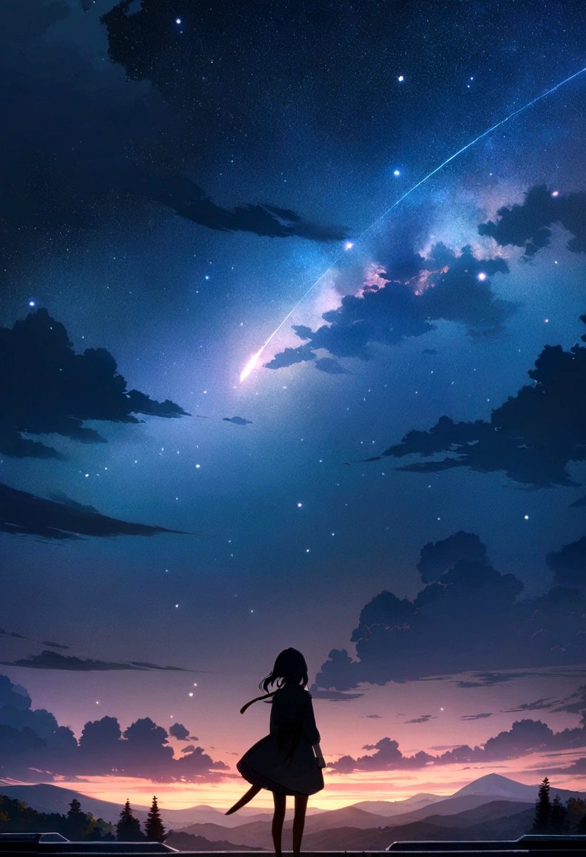 Anime girl standing on a rooftop looking at the starry night sky, Anime Wallpaper 4k, Anime Wallpaper 4 k, 4k Anime Wallpaper, Anime Art Wallpapers 8K, anime art wallpaper 4k, anime art wallpaper 4k, Anime Style 4k, Makoto Shinkai Cyril Rolland, 4K Manga Wallpapers, Anime Wallpaper, Awesome Wallpapers, shooting star