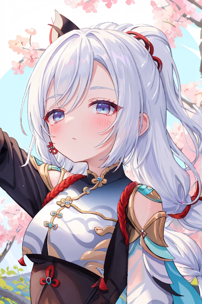 ((best quality)), ((masterpiece)), (detailed), perfect face, barbarian markings, short white hair ponytail bun, blue eyes magenta eyes, hair bangs covering eye, half closed eyes,shenhe(genshin impact)