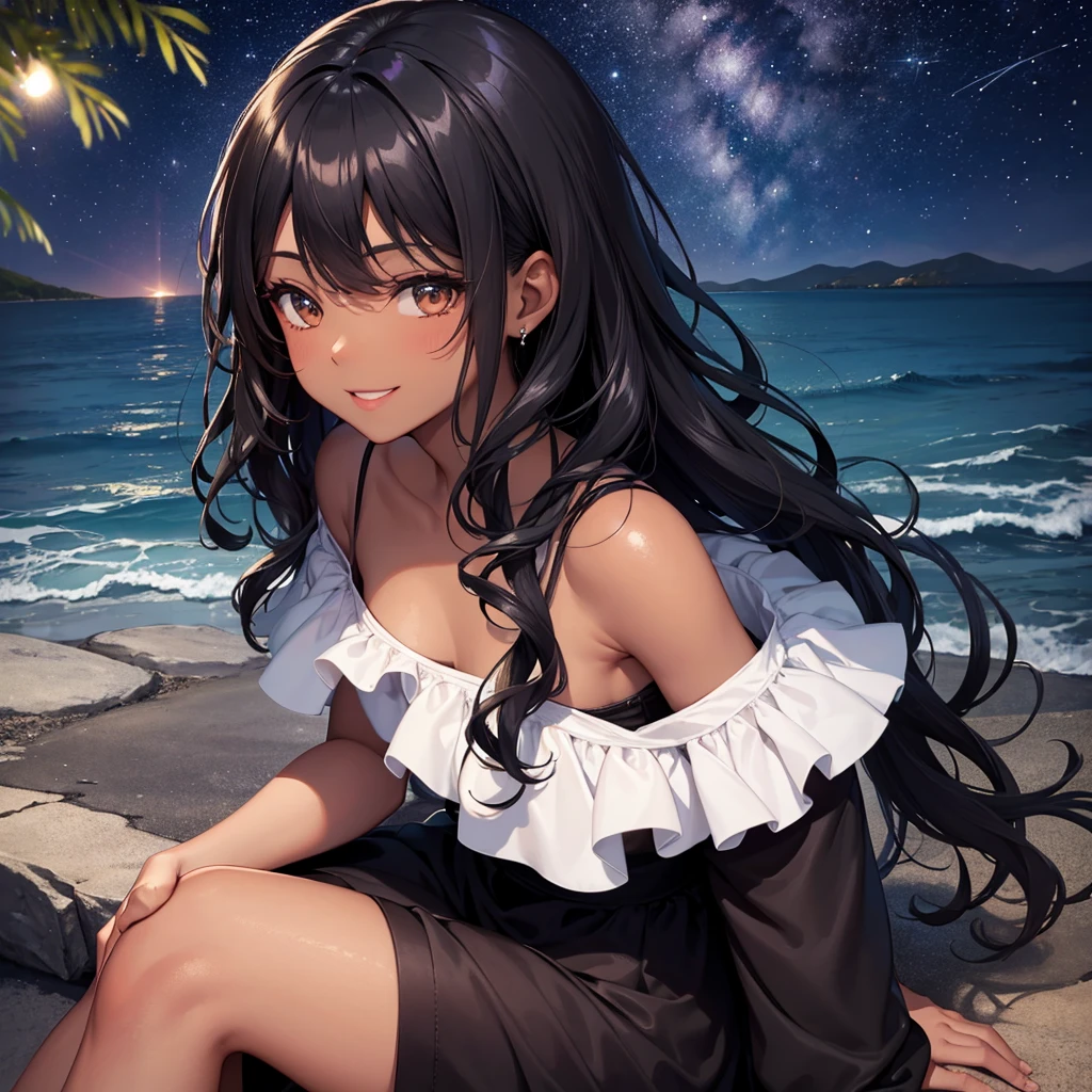 Girl with dark skin and dark hair thats wavy sitting down under the stars smiling with a black dress on