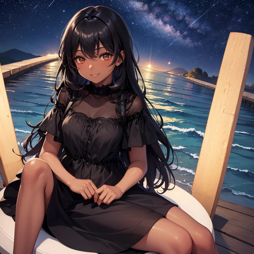 Girl with dark skin and dark hair thats wavy  sitting down  under the stars smiling with a black dress on 