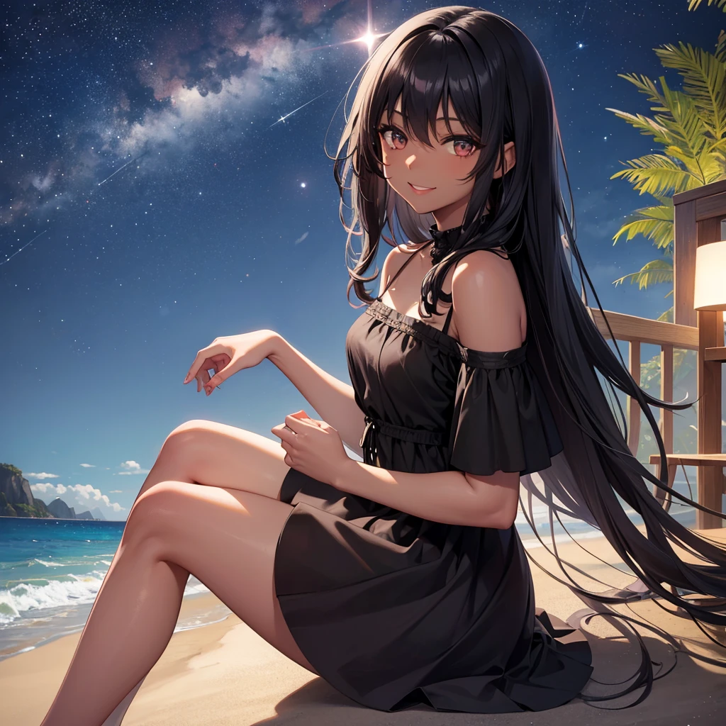 Girl with dark skin and dark hair thats wavy  sitting down  under the stars smiling with a black dress on 