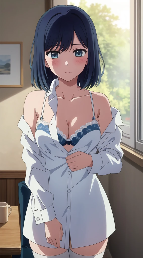 Akane Kurokawa,black hair, blue eyes, , 1 girl, detail hair ,alone, ,(undress white shirt:1.4),,bare shoulder, , white lace bra, cleavage,thighhighs,,
beautiful Finger,beautiful long legs,Beautiful body,beautiful character design, perfect eyes, Perfect face,expressive eyes, looking at the viewer, Appear on knees,sexy pose,in the center of the image, official art,High Definition CG Unity, Perfect lit, bright_front_face_lit, (table top:1.0),(Highest_quality:1.0),4k,Super detailed, photograph, 8K, nffsw, High resolution, absurd:1.2, kodak portrait 400, film grain, Lens flare, (lively_color:1.2) (beautiful,medium breasts:1.4), (beautiful_face:1.3),(narrow_waist), blush
