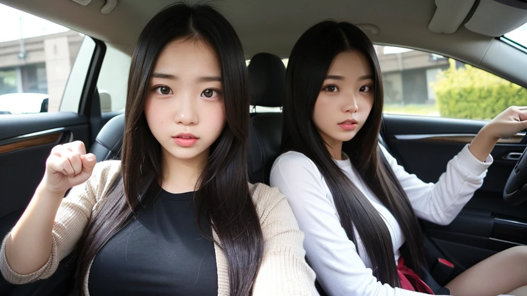Indonesian girl 19-year-old Hairstyle Casual, F Cup Breasts wearing crewneck dress in car amd driving the car with her friend, they are scared because in front they car a thug pointed a gun at their car