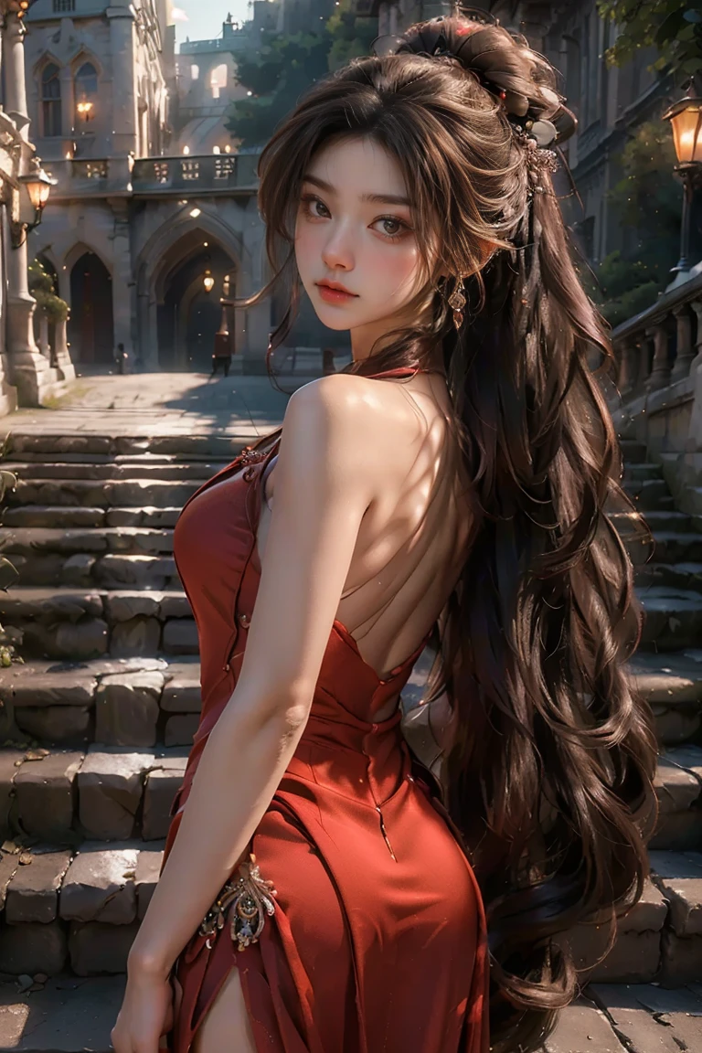((masterpiece, highest quality, Highest image quality, High resolution, photorealistic, Raw photo, 8K)), Woman in evening dress, long hair tied back, jeweled hairpiece, elbow gloves, bare shoulders, bare back, looking back halfway up the wide staircase leading to the castle,
