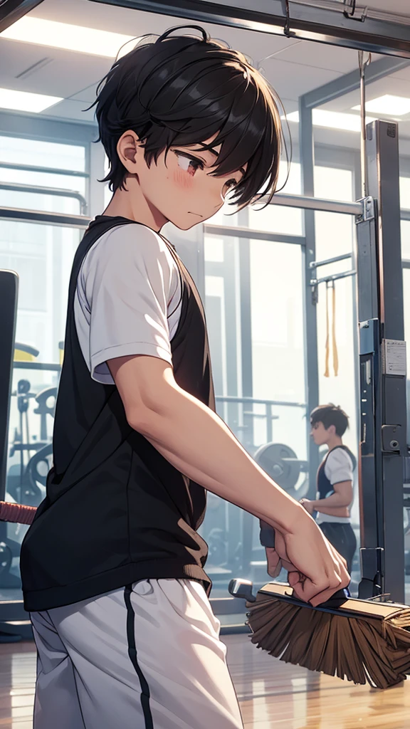 A boy cleaning the gym in gym clothes、Cleaning with a broom、Break down in tears