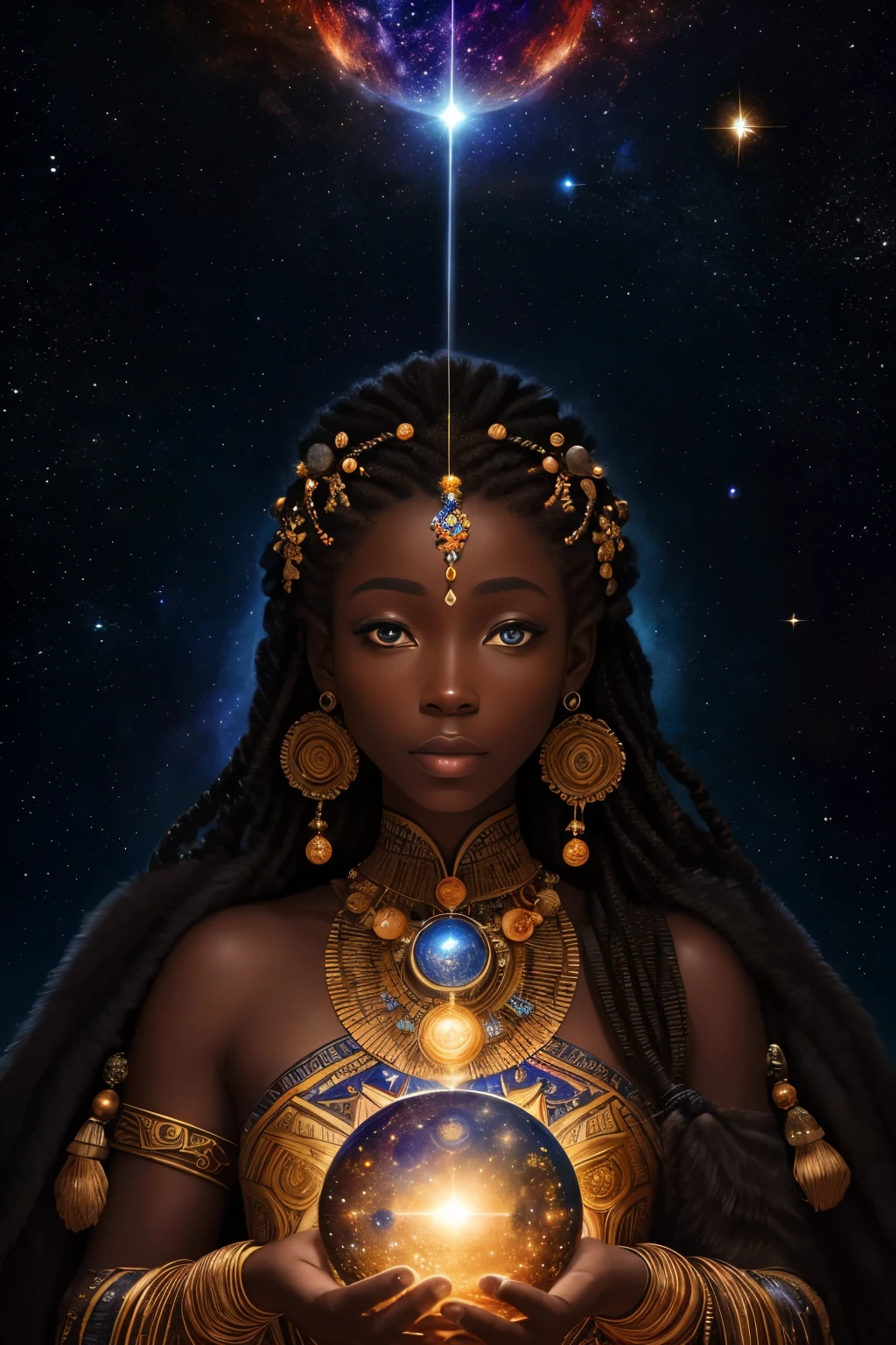 A striking 3D masterpiece and hyper-realistic art piece showcases an African shaman woman, adorned in an intricately designed dress crafted from hides and fur, with a mysterious aura that radiates wisdom and power. Her eyes glimmer with a profound understanding of the universe, as she holds a weathered stick that seems to resonate with the cosmic energy around her.
The solar system and horoscopes serve as a breathtaking backdrop, illuminated by cinematic light that highlights each celestial body's delicate details – planets, comets, and distant galaxies shimmering with life. The shaman woman stands in the midst of this fantastical