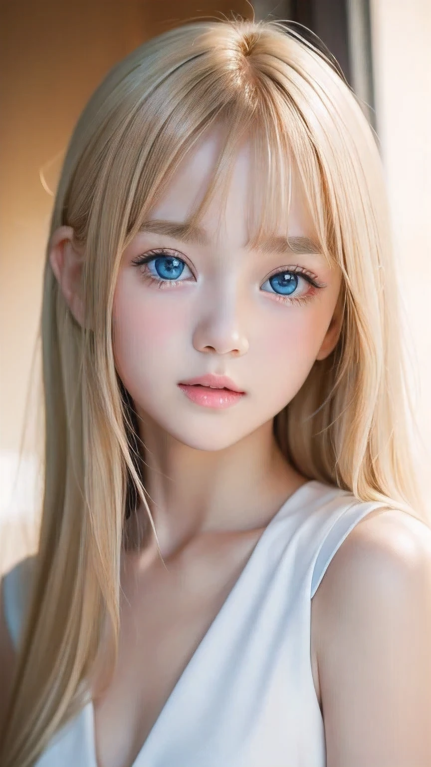 Beautiful blonde cute girl 15 years old、Sexy and very beautiful cute face、Big, bright blue eyes that sparkle beautifully、Very long, dazzling, beautiful, blonde, silky, shiny hair、Bangs that hang down in the face、uniform、Small Face Beauty、Glowing Skin、Cheek highlighter、White skin、Radiant Skin、Round face