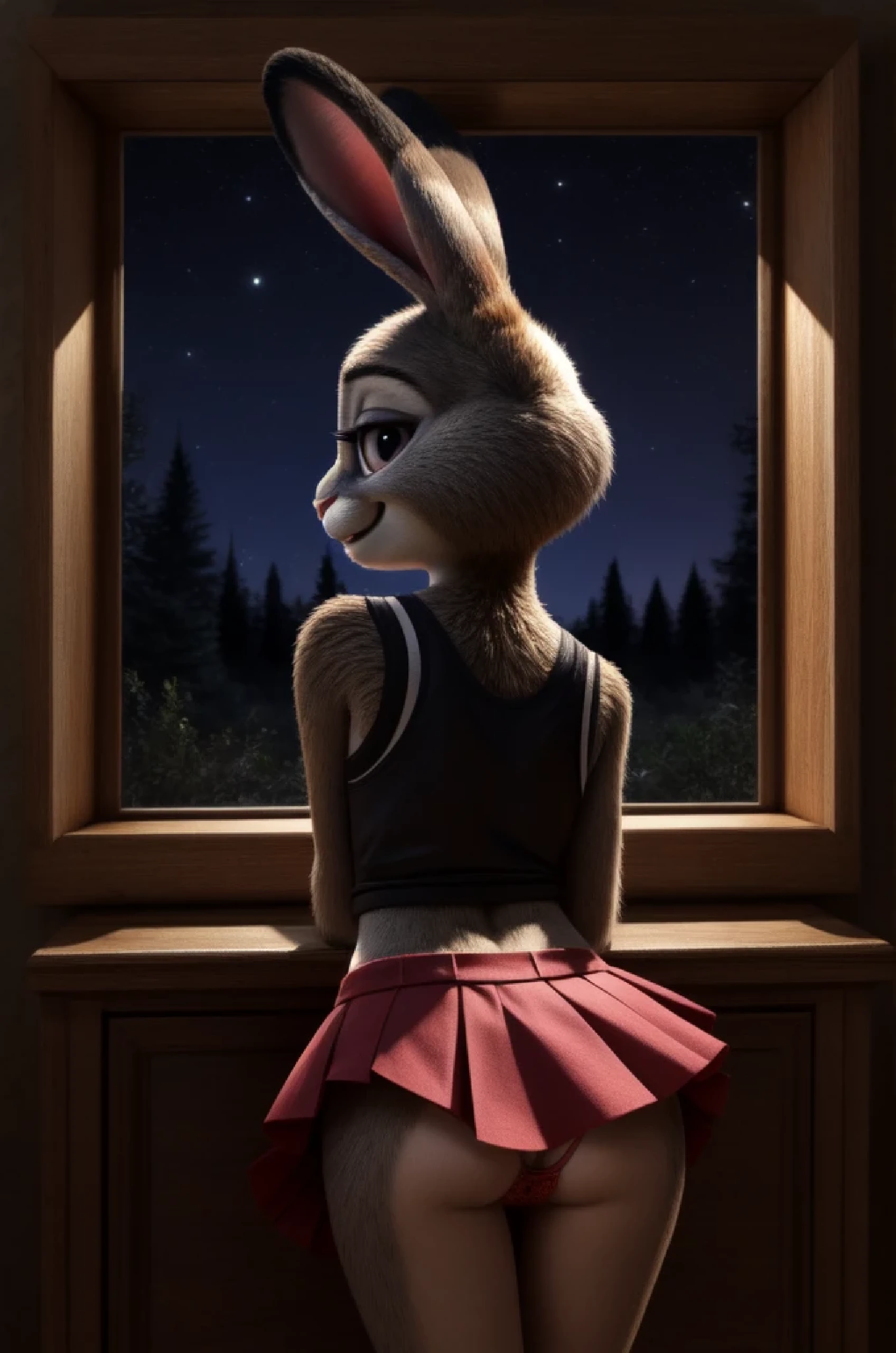 judy hopps, young, POV , human hands, highleg panties , at home, tv on the background, watching tv, , night, forest behind window, skirt , seductive, smile