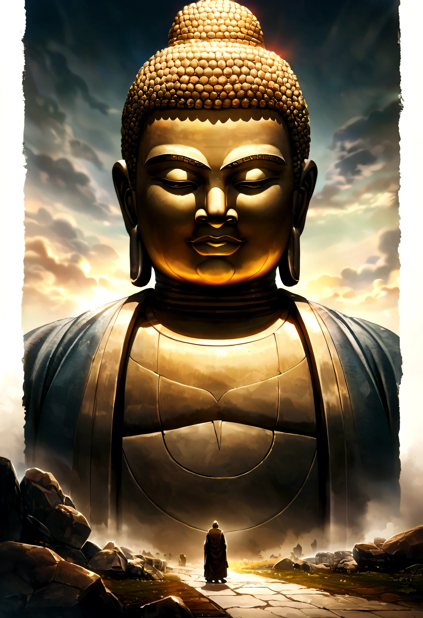 A huge Buddha statue seen in the distance, stone, texture, expensive, Majestic, The background is illuminated by sunlight.,Inverted Image,side,Pilgrims' Path