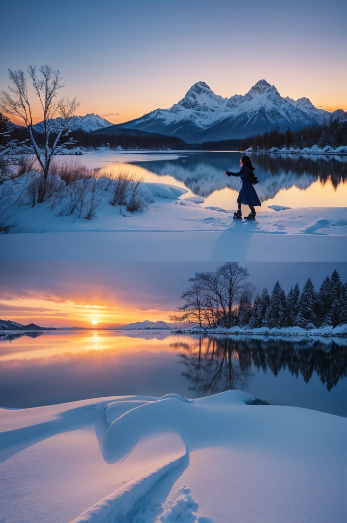 Create a highly detailed and realistic winter scene. The image should depict a serene winter day at sunset, with the sky painted in hues of blue and orange as the sun sets behind the distant snow-covered mountains. In the foreground, a frozen lake reflects the warm glow of the sunset, with visible cracks in the ice adding texture. A girl wearing a white winter coat and ice skates is gracefully gliding across the lake, her figure casting a soft reflection on the ice. Surrounding the lake, trees are covered in a thick blanket of snow, their branches glistening in the fading light. Snowflakes are gently falling, adding a sense of peaceful motion to the scene. Ensure the atmosphere is tranquil and magical, capturing the beauty and stillness of a winter evening.