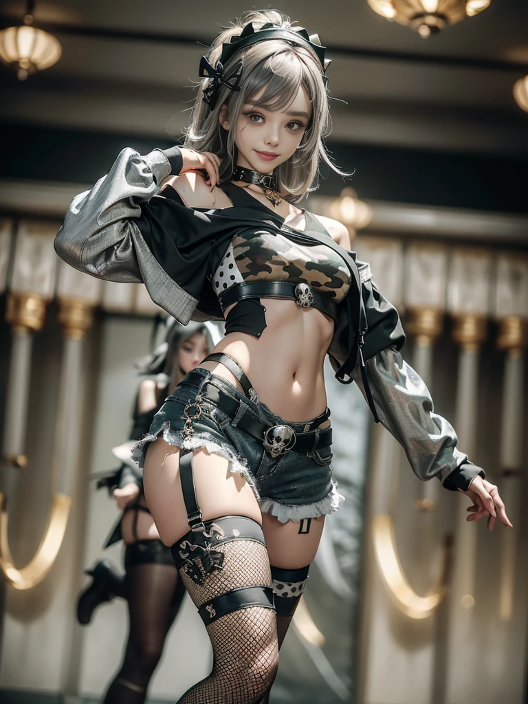 (Beautiful skin, lips and nose:1.4)、(Smiling with teeth showing:1.3),(Fashion Model:1.5)、(Gothic ta delicately decorated battle uniform:1.5)、(Moss green off-shoulder hoodie:1.5)、(Black, silver and white shorts:1.4)、(denim garter belt:1.5)、(Black and camouflage knee socks:1.3)、(Skull Silver Accessories:1.5)、(Lace collar:1.3)、(Brown Skin Belt:1.4)、(Brown boots:1.2)、(Underwear has polka dots:1.4)、23 years old、((Highest quality、In 8K、masterpiece:1.3))、Sharp focus:1.2、(Layered Cut、Huge boobs:1.1),Beautiful woman with perfect figure:1.4、(Dancing vigorously:1.3)、Slender Abs:1.2、Highly detailed face and skin texture、Detailed eyes、double eyelid,(Bob Hair:1.3)、(Brown-golden hair:1.3)、Gravure idol、(The background is a luxurious dance hall.:1.3)、(Slim body:1.2),(Make your legs thinner:1.4),(clavicle:1.1)