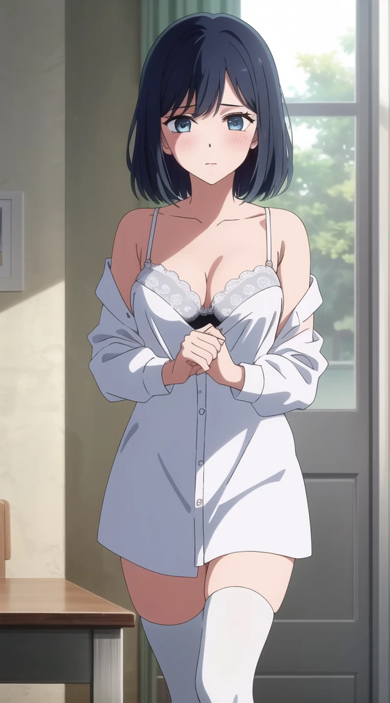 Akane Kurokawa,black hair, blue eyes, , 1 girl, detail hair ,alone, ,(undress white shirt:1.3),,bare shoulder, , white lace bra, ,thighhighs,,
beautiful Finger,beautiful long legs,Beautiful body,beautiful character design, perfect eyes, Perfect face,expressive eyes, looking at the viewer, Appear on knees,sexy posn the center of the image, official art,High Definition CG Unity, Perfect lit, bright_front_face_lit, (table top:1.0),(Highest_quality:1.0),4k,Super detailed, photograph, 8K, nffsw, High resolution, absurd:1.2, kodak portrait 400, film grain, Lens flare, (lively_color:1.2) (beautiful,medium breasts:1.4utiful_face:1.3),(narrow_waist), blush