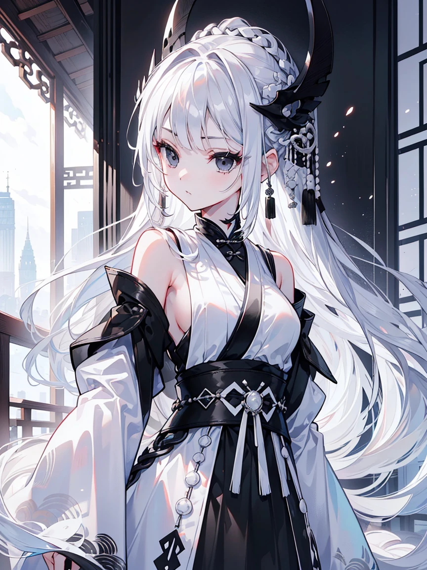 (Top image quality)、(Ultra Detailed)、(Facing forward)、top quality、masterpiece、(((1 girl)))、Silver Hair、white hair、((Long hair))、(black eyes:1.6)、(Hanfu)