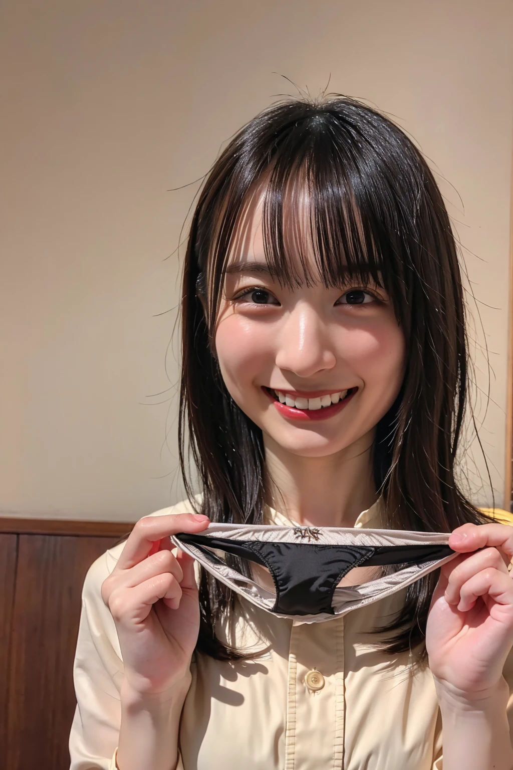 ((Upper Body:1.3)).Blown by the long wind [Blue-black:.3] hair,Looking at the audience, (Tabletop:1.3), (8k, Realistic, RAW Photos, highest quality: 1.4), Japanese, (1 girl), Beautiful Face, (Realistic face),{Wavy medium hair|Front hair long bob|short hair with long bangs}{Black hair|Brown hair|Blonde hair}, Beautiful hairstyle, Realistic eyes, Fine and beautiful eyes, (Realistic skin), Beautiful Skin, charm, 超A high resolution, Surreal, Very detailed, Golden Ratio,Female student peeing in the toilet、Embarrassing,Holding panties , (Panties as a gift),(Detailed silk panties:1.1),Focus Panties,(Blushing:1.3),(big smile:1.3),