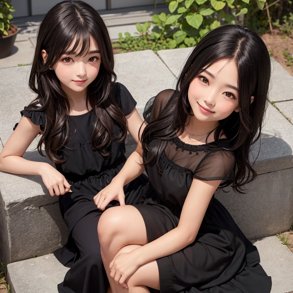 Girl with tan skin and dark hair thats wavy  sitting down  under the stars smiling with a black dress on 