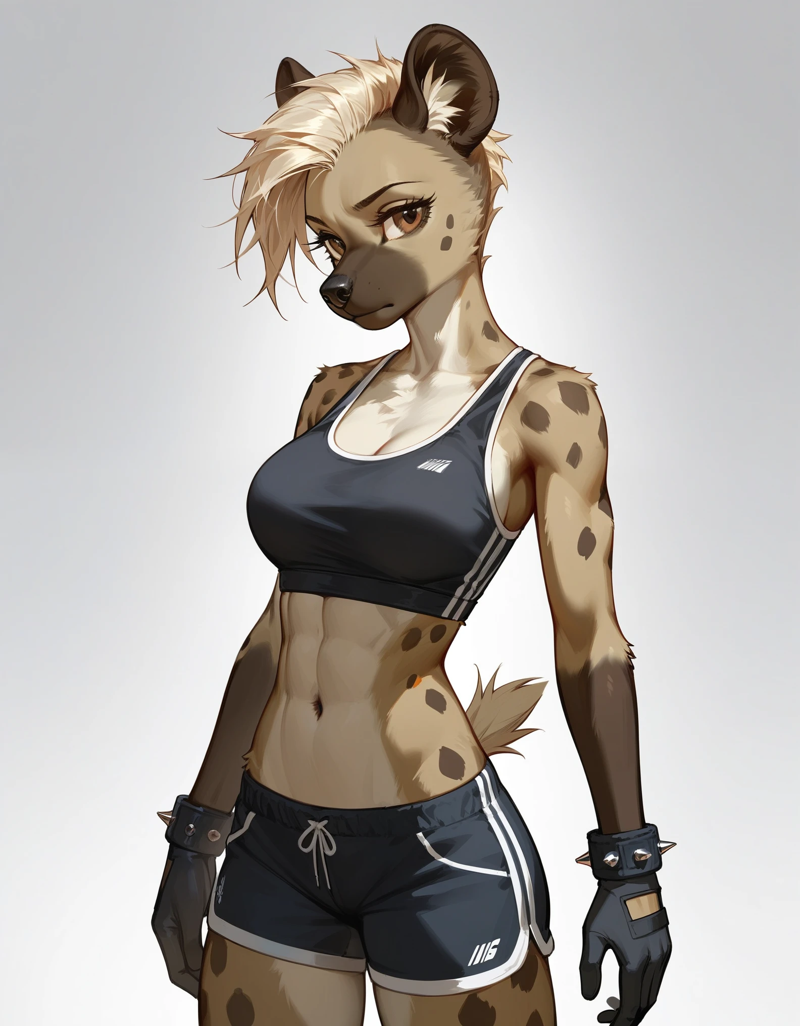 Solo, score_9,score_8_up,score_7_up, source_furry, a tall female spotted hyena, brown snout, black nose, brown eyes, short spiked undercut platinum blonde hair, brown hyena ears, wearing black athletic top, black short shorts, wearing ufc black gloves, grabbing her wrist, standing, in a gym, simple background, 