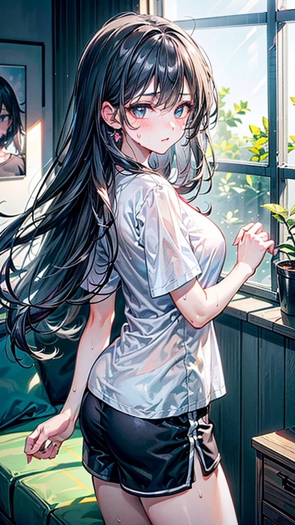 (Best quality, 8k, 32k, Masterpiece, UHD,:1.2), RAW, human, 1girl,ultra cute , ultra cute, natural lighting, transparent shining eyes, 20yo, medium breast ,femur, fair complexion , flushed face, (gray dolphin sweat-shorts), at room, (oversized T-shirts), near windows,, shiny, From Behind