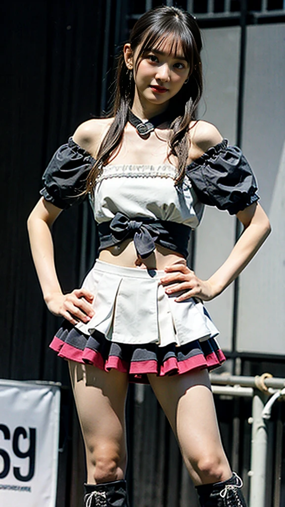(8k、RAW Photos、highest quality、masterpiece:1.2)、(Realistic、Realistic)、1 girl、((Frill Costume、belly button、Off the shoulder、Black and Pink、boots、See-through、mini skirt、Big Breasts、View from the front、stage、Standing with hands on hips))、Lots of eyelashes、Glowing eyelids、skeletally correct